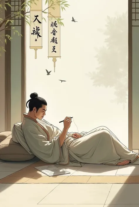 a human in chinese outfit lying on his side drawing