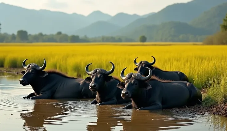 5 shiny black fur buffaloes (  are lying in a swamp), Best Quality ,Wide Angle Lens, movie lighting , There is art., there are mountains far away ,Controversial ,Rural Laos, golden yellow rice fields , along the left edge 