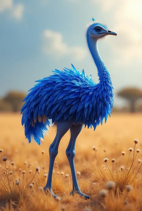 A hyper-realistic ostrich made entirely of sapphires, standing in a vast, sunlit savannah. Its body is sculpted from smooth, polished sapphire crystals, glowing with deep blues and vibrant cyan hues as the sunlight reflects off its surface. Each movement c...