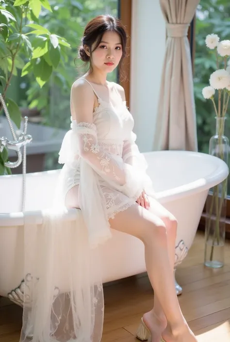 a young woman sitting elegantly on the edge of a white vintage bathtub. She is wearing a delicate white lace outfit with sheer, flowing sleeves, and the fabric drapes gracefully onto the floor. Her hair is styled in a loose, elegant updo adorned with small...