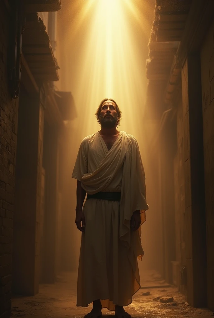 Ultra-realistic image of arrested Paul being enlightened by God 