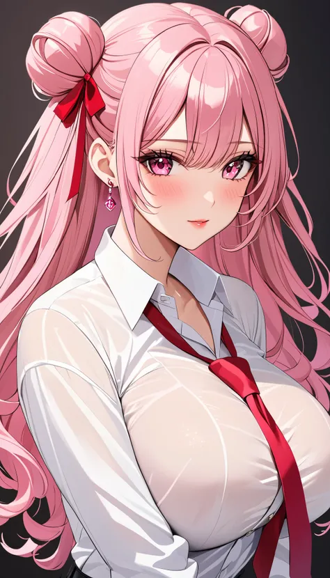  top quality　  Masterpiece  　 high definition 　  Masterpiece  　 pink long hair, curly hair,　　  pink Eyes 　, twin bun bun hair, big breast, seductive, flirty,  blushing, plain backround, no backround, white backround, gyaru, make up, white shirt, red tie, r...