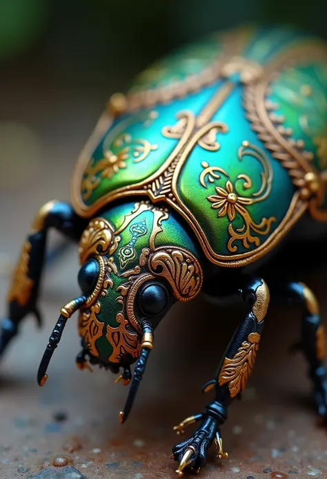 Hyper-realistic close-up of a jewel-like scarab, adorned with vibrant and intricate patterns. The scarab’s exoskeleton features iridescent hues of green, blue and gold, intertwined with floral and geometric designs reminiscent of steampunk art deco, Faberg...