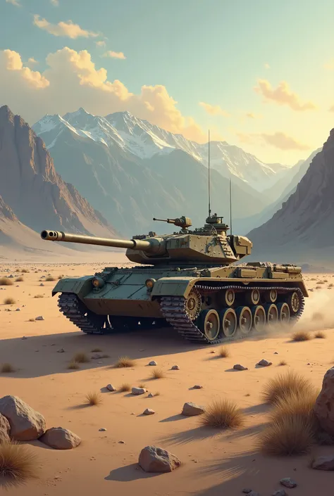 
mountains Afghanistan tank, sand,  summer weather ,  detailed use of muted colors and soft lighting to create a nostalgic atmosphere. Style , vector 4k 