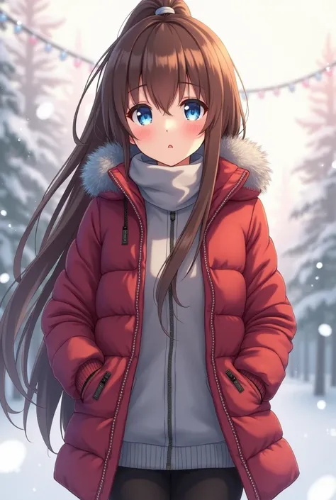  anime girl image (appearance:  Long brown hair to the top of the back,  blue eyes, PIEL BLANCA, 25 years old) (Clothes: Winter coat and clothing )   Precise,  The best quality, anime 8K,  tall details,  High resolution, HD model, 2d