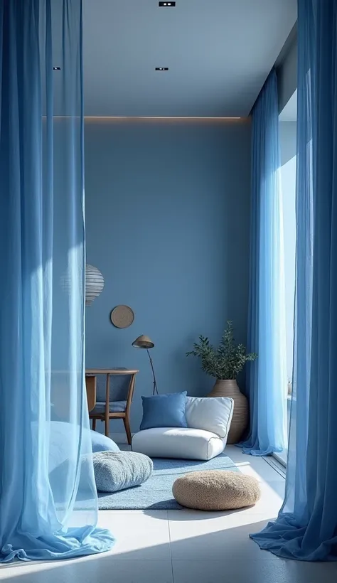  All in one color room interior in blue, in loft style, curtains design in blue tones,  side view warm shades of blue 