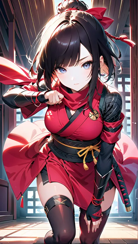 Vector art、((Female ninja))、Female Ninja、cute、Beautiful work、Light production,((Highest quality、masterpiece、Highest quality、High resolution、8k、detailed、ultra-detailed:1.3))、ダイナミックポージング