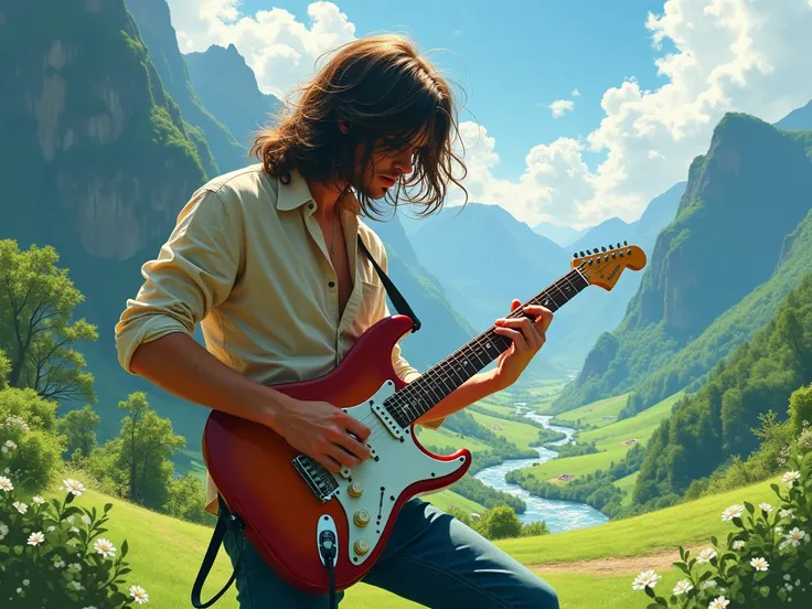 Long haired man playing electric guitar in the valley