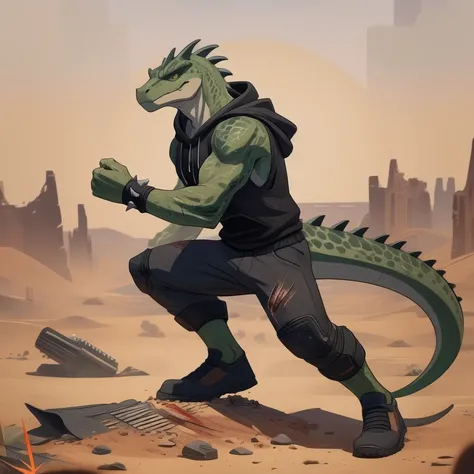 A handsome lizard man with green scales, wearing a black sleeveless hoodie, sweat-drenched, warrior, fighting pose, wounded, (flat color), cracked desert wasteland setting, sandstorm debris, improvised spiked weapon, professional concept art style, villain...