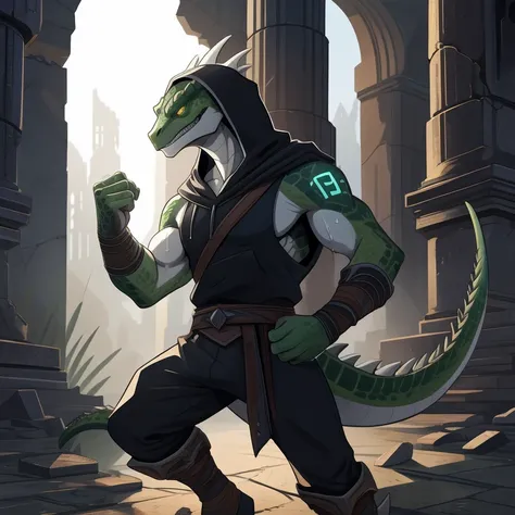 A handsome lizard man with green scales, wearing a black sleeveless hoodie, sweat-drenched, warrior, fighting pose, wounded, (flat color), overgrown temple ruins, mystical glowing runes, shadowy aura, professional concept art style, villain.