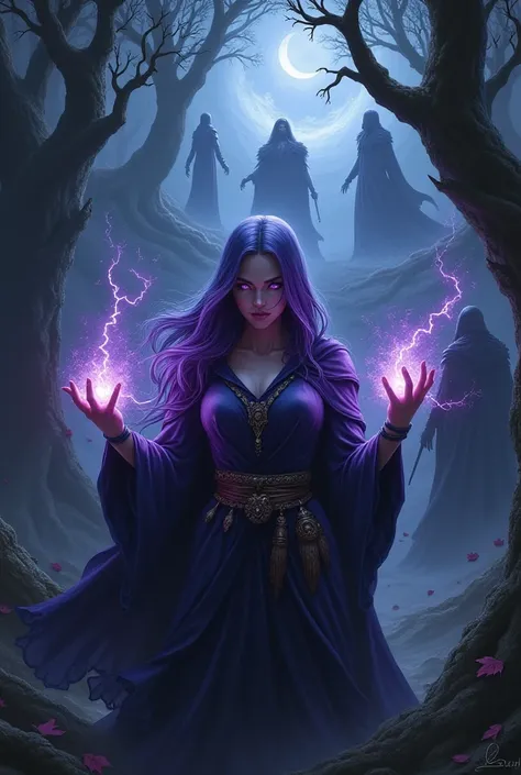 Woman with long purple hair and purple eyes wearing a hood in the woods at night fighting with villains 