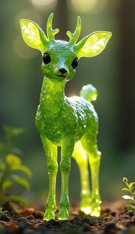 A hyper-realistic baby deer made entirely of peridot stones. The body is sculpted from smooth, polished peridot crystals, glowing with vibrant green shades that shimmer in the light. The fur is represented by finely cut peridot shards, arranged to mimic th...