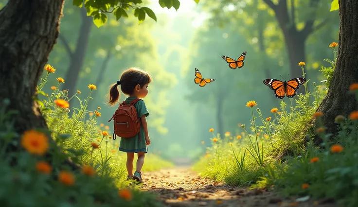 While exploring, Willow stumbles upon a hidden pathway covered with wildflowers and moss. The air is filled with the scent of blooming flowers, and she pauses to admire a group of butterflies fluttering gracefully. Willow follows the trail, feeling excited...