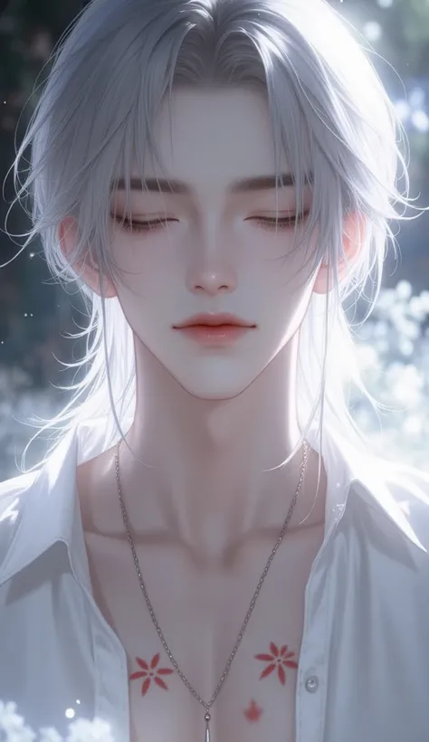 A portrait of an anime male with silver-white hair, his delicate features partially hidden under cascading locks. He wears a half-open white linen shirt that reveals faint scars on his chest, illuminated by gentle moonlight. His eyes are closed, as if lost...