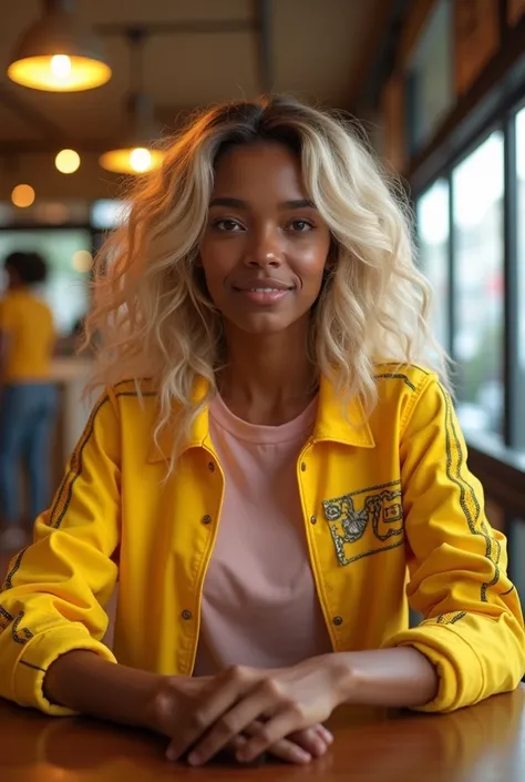 create a picture of beautiful ethiopian young women bloond hair wearing yellow sport jaket light pink shirt siting in cafe cashier 