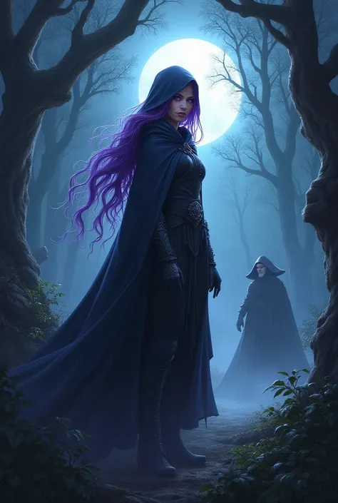 Woman with long purple hair and purple eyes wearing a hood in the woods at night fighting villains and let Loki come out 