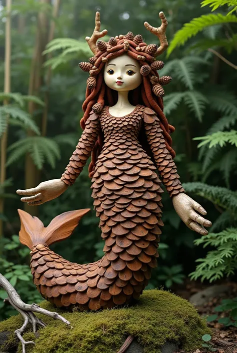 A marmaid made of pine cones