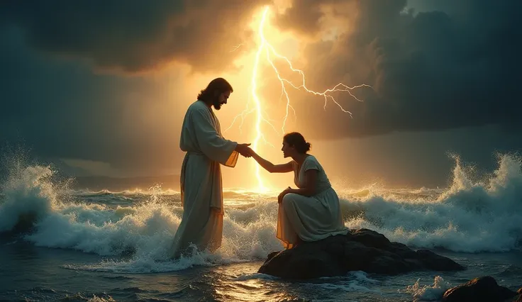 A cinematic and dramatic depiction of Jesus Christ actively helping a struggling man and woman on a stormy sea. Jesus is standing on the stormy waters, reaching out with one glowing hand to rescue the man sinking in the waves, while gently holding the woma...