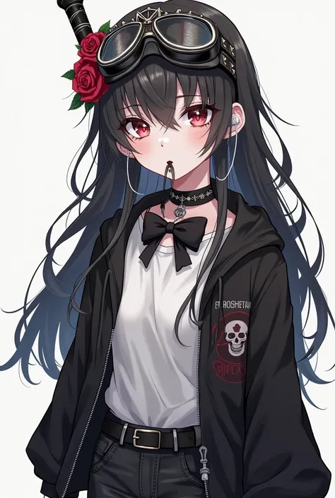 Make an anime girl with white skin, Long black hair a little wavy and messy, a bandage band on the forehead, With a rose flower in the mouth, A pair of black punk goggles with thorns on the head, with a toy knife tiara.  white t-shirt with a black open hal...