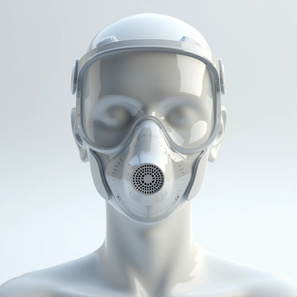 Create a highly detailed 8K photorealistic product image of a transparent face mask specifically designed for doctors. Only show image of the product with plain white background. The mask should cover the entire lower face while remaining fully transparent...