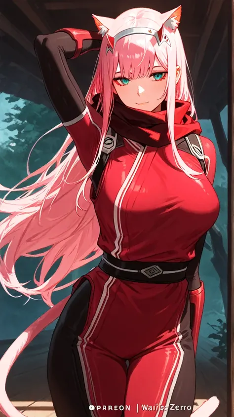 Waifus Zero two,  with cat's ears and tail, HD model,  long hair, wearing ninja clothing , big bust 