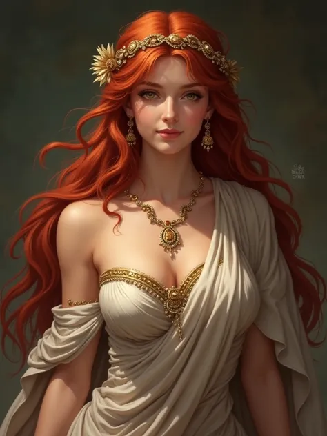  1 girl,  looking at the viewer, Breasts,  redhead, smile,  jewelry,  very long hair , antiquity, Ancient Greece , sexy dressed, beautiful robe ,  high resolution ,  anatomically correct,  masterpiece ,  best quality , 