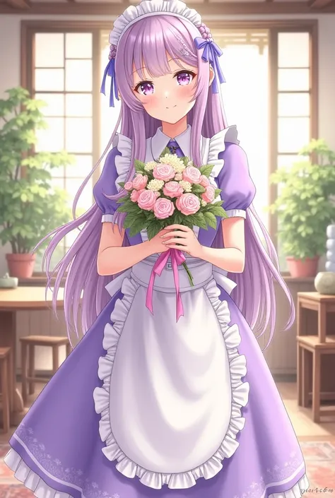  cute maid with glasses, anime illustration holding a bouquet of flowers、Tea shop background、Beautiful girl with long braids purple hair purple maid costume