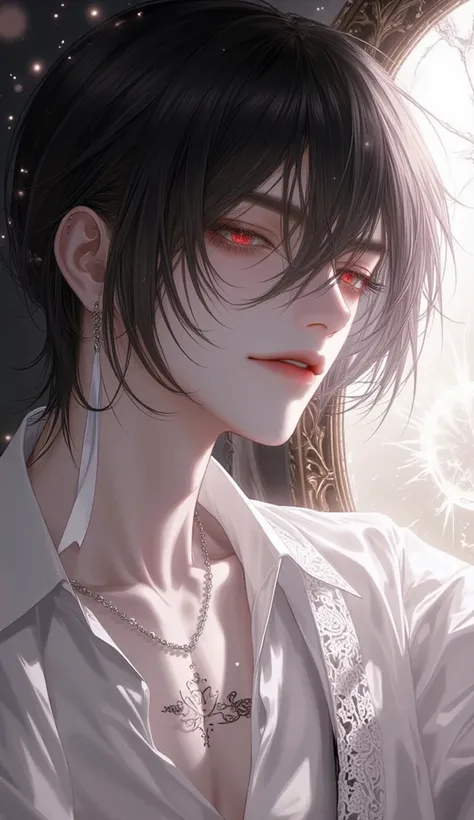 A half-body shot of an anime male with shoulder-length black hair and soft crimson eyes filled with sorrow. He wears an unbuttoned white shirt with intricate lace trim, exposing his collarbone and a faint tattoo along his chest. A white ribbon loosely wrap...