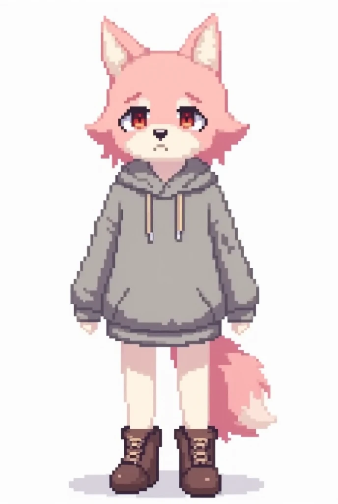 Anthro wolf girl,  Pink wool , she is wearing a grey sweatshirt, Boots on their feet.  White color on the background .  Pixel Style . 