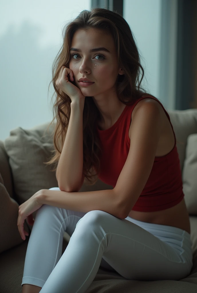 full body,,, a 14yrs old ,   wear a dirt red bodyfit neck and a white slimfit legging, wear a NIKE sneaker, a beauty and nice lovely belarus mixed russian,  sitting on a couch, leg open,  at morning,  a thick fog, a water on her face, sitting and posing li...