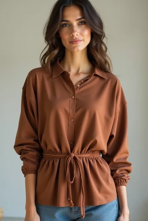 Design an oversized blouse inspired by daily casual. The blouse should feature with details with a string on the waist so can make ribbon on the side of the blouse, and everytime the string is being pulled, it gives hour glass silhouettes and long sleeves ...