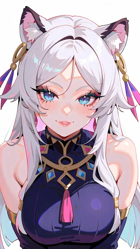 Create a stylized portrait of a confident and alluring humanoid character with feline features. She has long, flowing white hair with pastel undertones, adorned with decorative cat ears. Her piercing, bright blue eyes convey a mischievous yet composed expr...