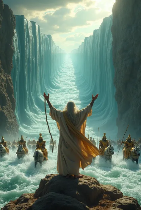 An epic scene from the biblical Exodus: Moses, an elderly man with a long white beard and a staff, stands atop a rock, raising his arms to the sky. Before him, the Red Sea splits open, revealing a dry passage lined with gigantic walls of moving water, with...