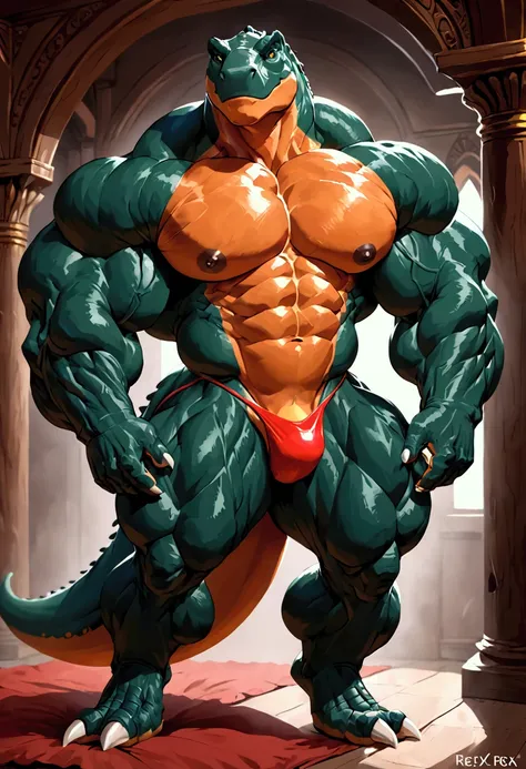 Male dinosaur Rex with very big  ,  very huge and very gigantic muscles and he wears a mini thong and he is very strong, very muscular and very sexy and his muscles are very big and very enormous and his muscles are well toned and well defined and he is ve...