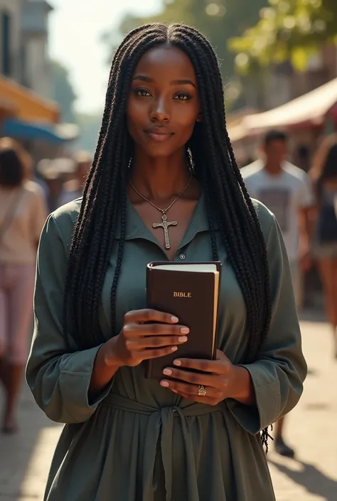 Femme noir chrétienne avec des tresses et avec un collier en croix de Christ évangélisant dans la rue en été habillé couverte et portant la Bible dans ces mains écrit bible 