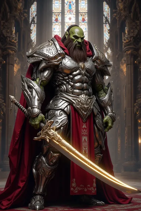 half-orc, paladin, in armor, with a two-handed sword, brunette, with a beard, with green skin