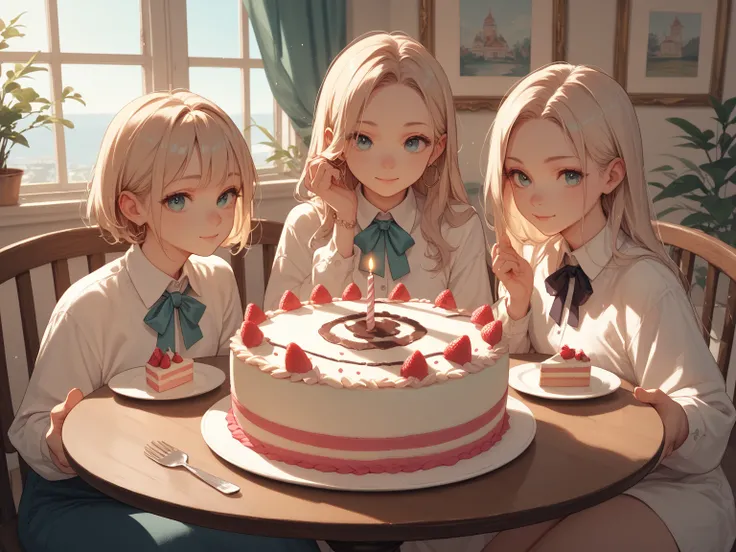 Three characters surround a round table with one birthday cake