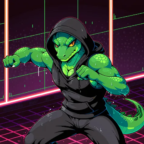 A handsome lizard man with green scales, wearing a black sleeveless hoodie, sweat, warrior, fighting pose, wounded, (flat color), pixel-art-inspired textures, CRT screen glow, retro-futuristic grid background, professional concept art style, villain.