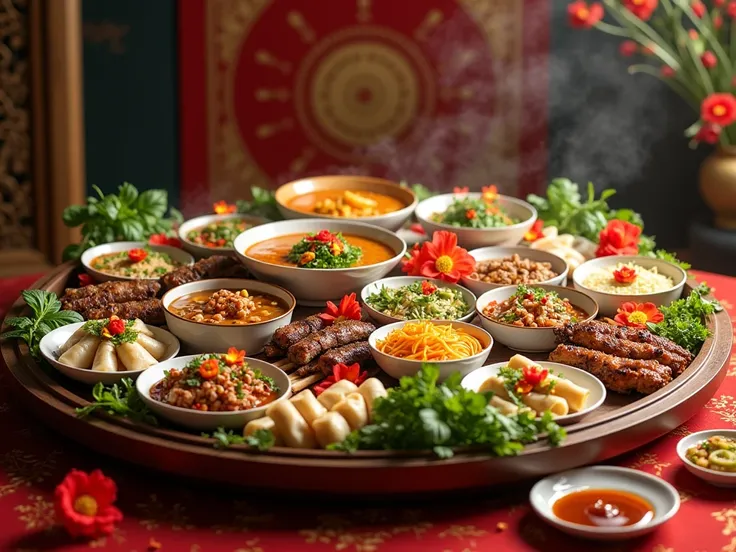 create a food tray full of Vietnamese New Year's dishes