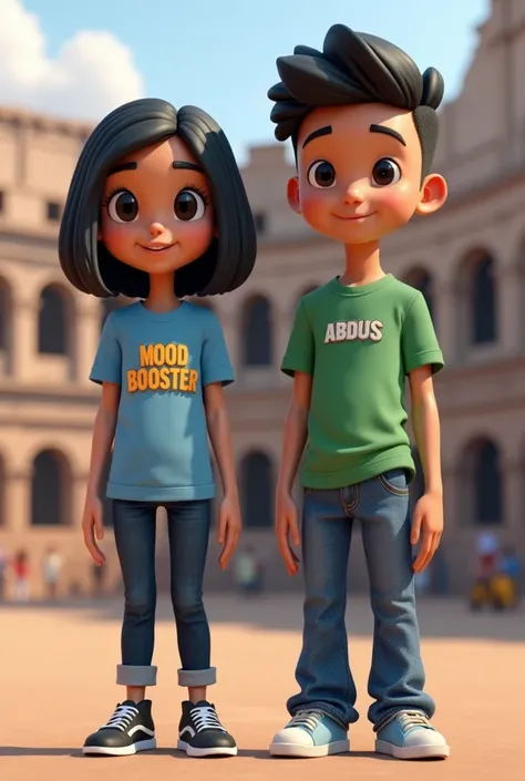 3D rendering of a chibi-style  woman with short black hair. Black eyes. She is dressed in a casual blue tshirt with name 'MOOD BOOSTER' written on front of it, blue long black jeans. And a 3D rendering of a chibi-style man with short black hair. Black eyes...