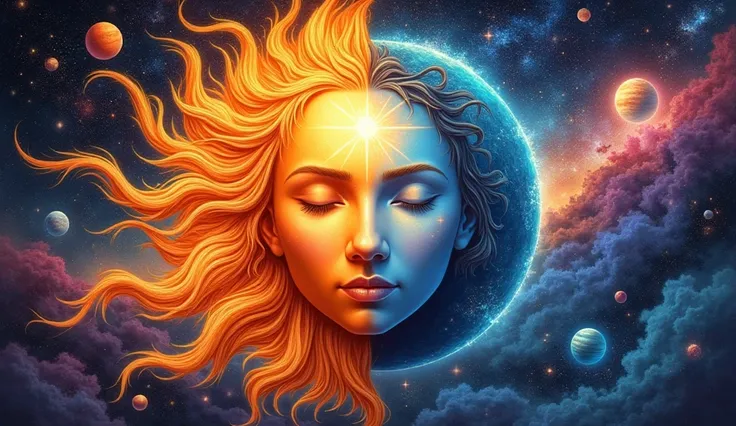 A stylish and vibrant depiction of the sun and moon, centered on a cosmic scene. The sun is a fiery orange and gold, with radiating and flowing lines resembling fire. The moon is a cool silvery blue, with a crescent shape. Both faces appear serene and have...