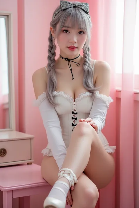 (8k,  RAW photo, best quality ,  high resolution:1.1), ( super real:1.4),( is present,  is present:1.3), Japanese Beauty、18 years old、Ash Hair、 sparkling headband 、 Braided Twin Tails 、 BIG BOW CHOKER、White leather corset 、knee-high knitted tights 、Black R...