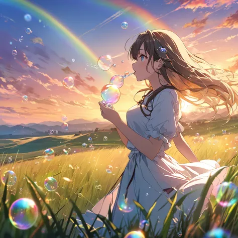 Anime, grassland, long grass, girl blowing soap bubbles, sunset, wind, soap bubbles shine with rainbow colors, beautiful, telephoto lens effect.