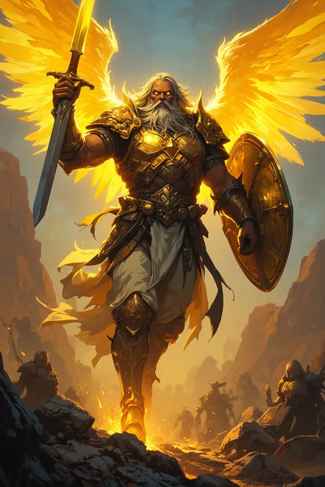 Old paladin, long gray hair floating in the areas, muscular body, light beard, yellow luminous eyes emitting light, magic angel wing and yellow light, paladin floating in the areas like an angel descending from the sky, yellow divine magic emanating from t...