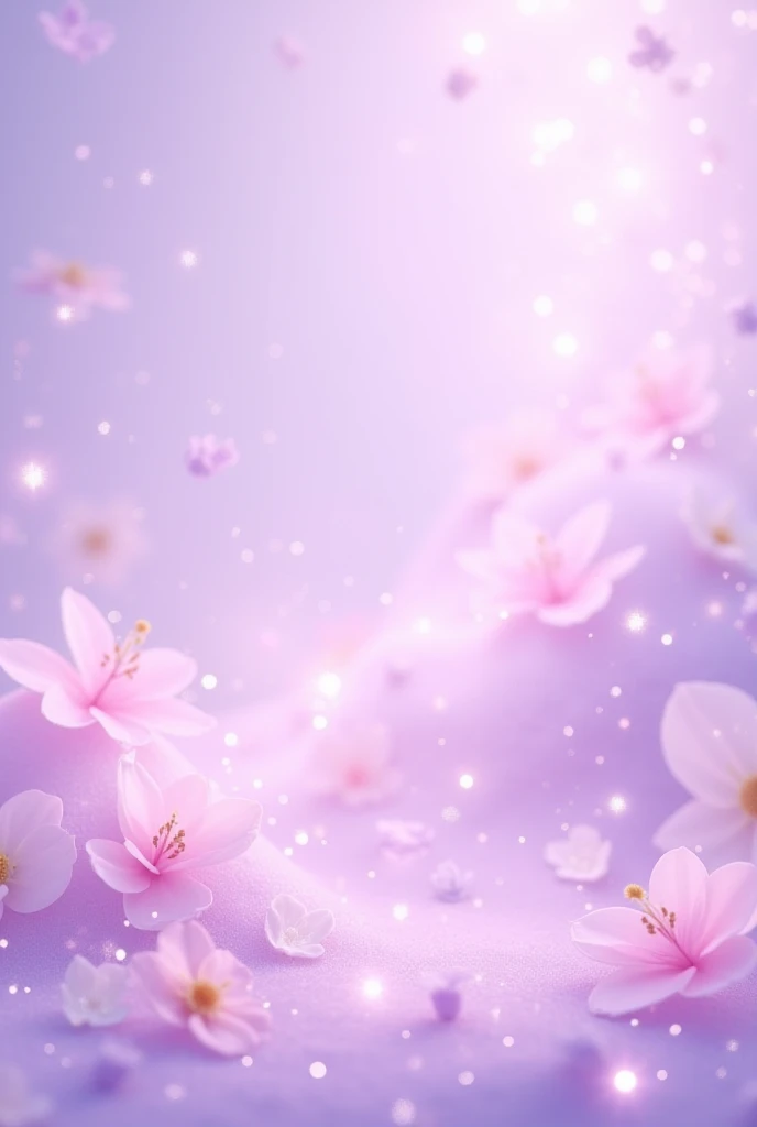 "Create a soft purple background with a dreamy, pastel aesthetic. Include delicate flowers and petals arranged in a flowing pattern, with sparkling and magical details. Add subtle gradients from lavender to light purple, enhancing the glowing and whimsical...