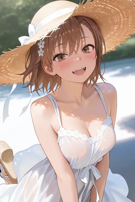 {{{masterpiece}}}, {{{best quality}}}, {{ultra-detailed}}, {illustration}, {{an extremely delicate and beautiful}} best quality Mikoto Misaka short hair brown hair hair,   absurdres,masterpiece,best quality,amazing quality brown eyes cute breasts　openmouth...