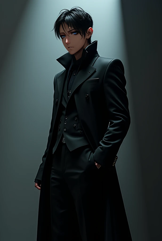 A handsome man, wearing a sleek black cloak suit. The suit has subtle, intricate details like hidden pockets and reinforced seams. He carries a pair of elegantly designed, concealed weapons. The overall aesthetic should be a blend of dark, mysterious elega...