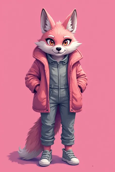 Anthro wolf girl,  Pink wool ,  She's wearing a grey jumpsuit ,  Pixel Style . Adult .Pink color on the background. 