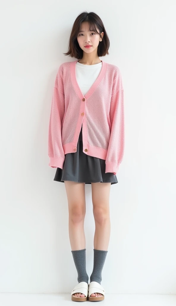  full body photo,  is present,   white background, Alone,  front view,  Instagram style ,  23 year old young Asian girl , (Shortcut 1.5),  hairpin,  Perfect Face,  wearing a thin pink long sleeve knit sweater、 with a white short sleeve lining on the inside...