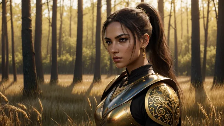 Warrior Princess Kalanis of Grace, brunette, ((((black eyes)))), (((medieval armor with golden decorations)))), ((((full body)))), detailled lips, detailled skin, ((((BACKGROUND : a field of wild grass with a threatening forest not far away)))), (best qual...